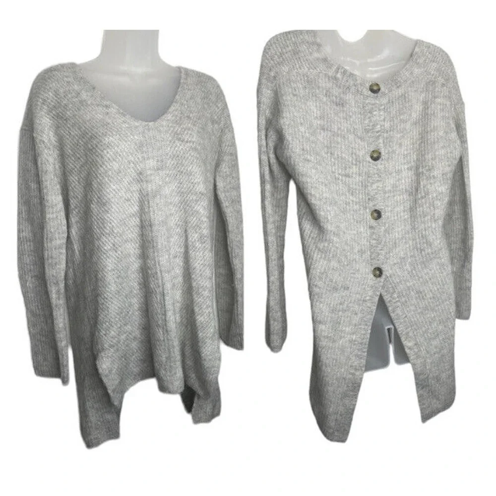 J Crew Point Sur Gray Ribbed Sweater Back Buttons‎ Womens XS Oversized Alpaca